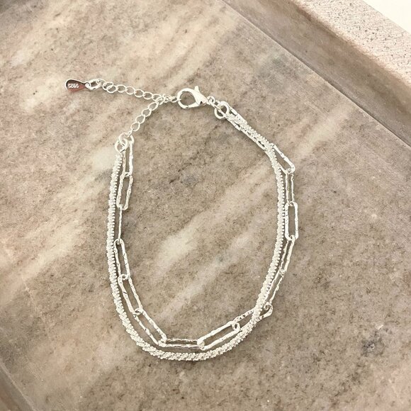 925 Sterling Silver Thin Multi Layer Bracelet Sequin Paperclip Link Bracelet - Picture 3 of 5